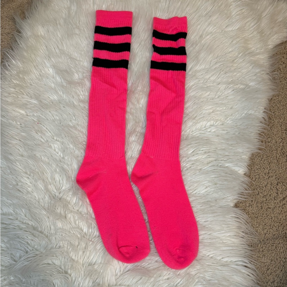 NWOT Pink Knee High Socks With Black Stripes.